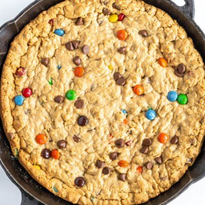 monster skillet cookie in iron skillet