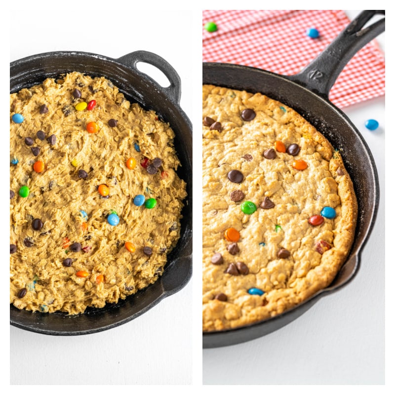 two photos showing monster cookie dough in a black iron skillet and then baked version