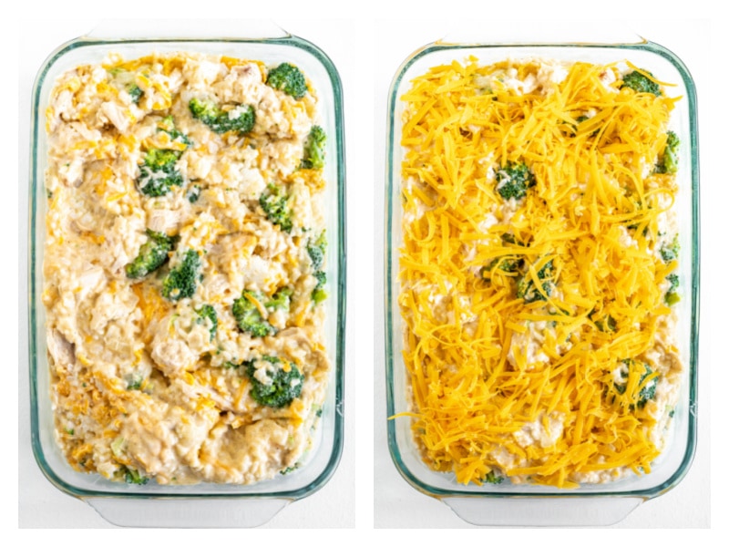 two photos showing process of making cheesy chicken and broccoli rice casserole