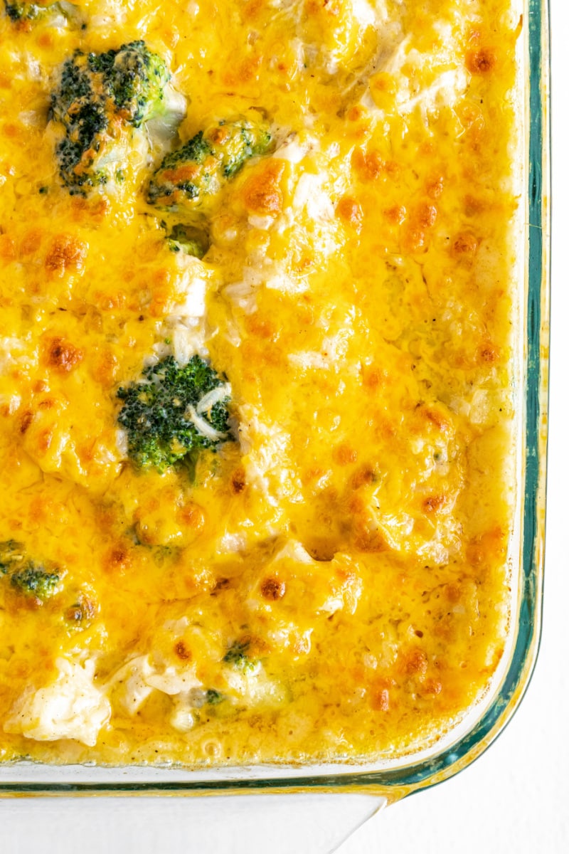 cheesy chicken and broccoli rice casserole in casserole dish