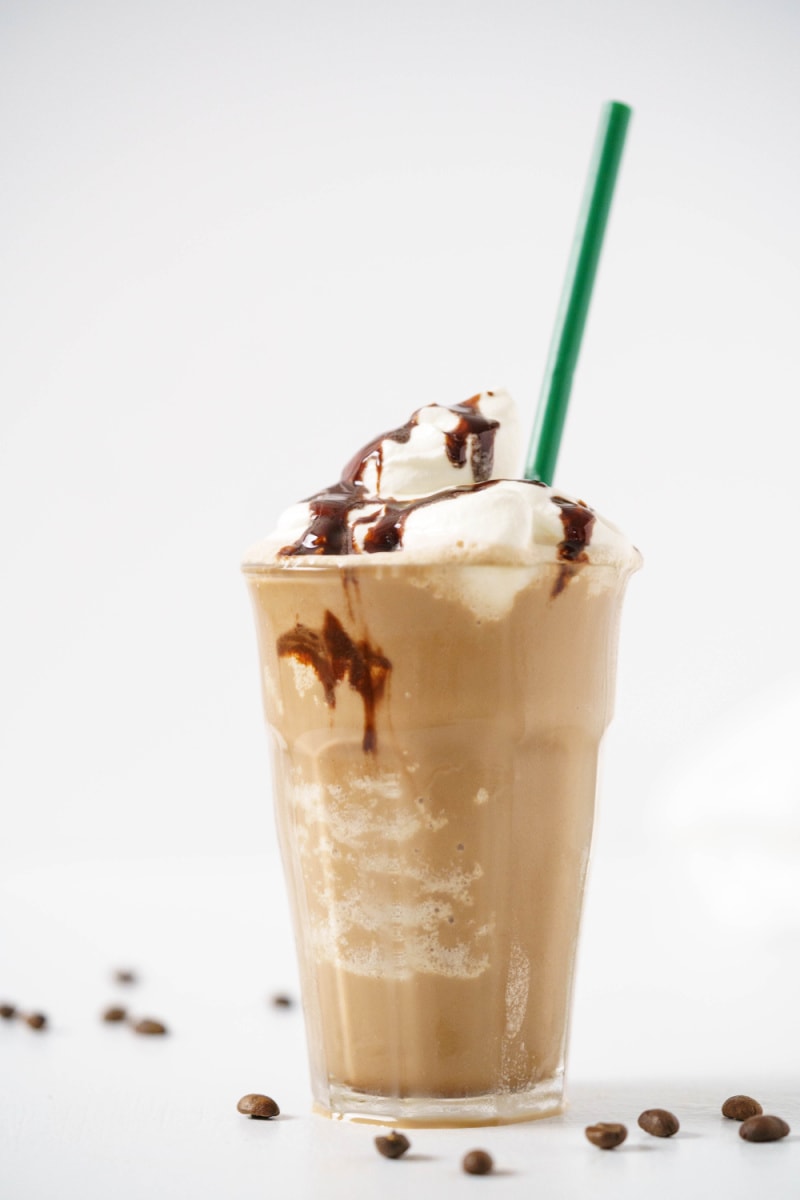 mocha frappuccino starbucks copycat in a glass with straw