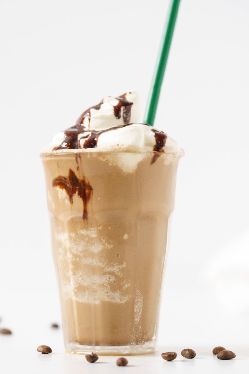 mocha frappuccino starbucks copycat in a glass with straw