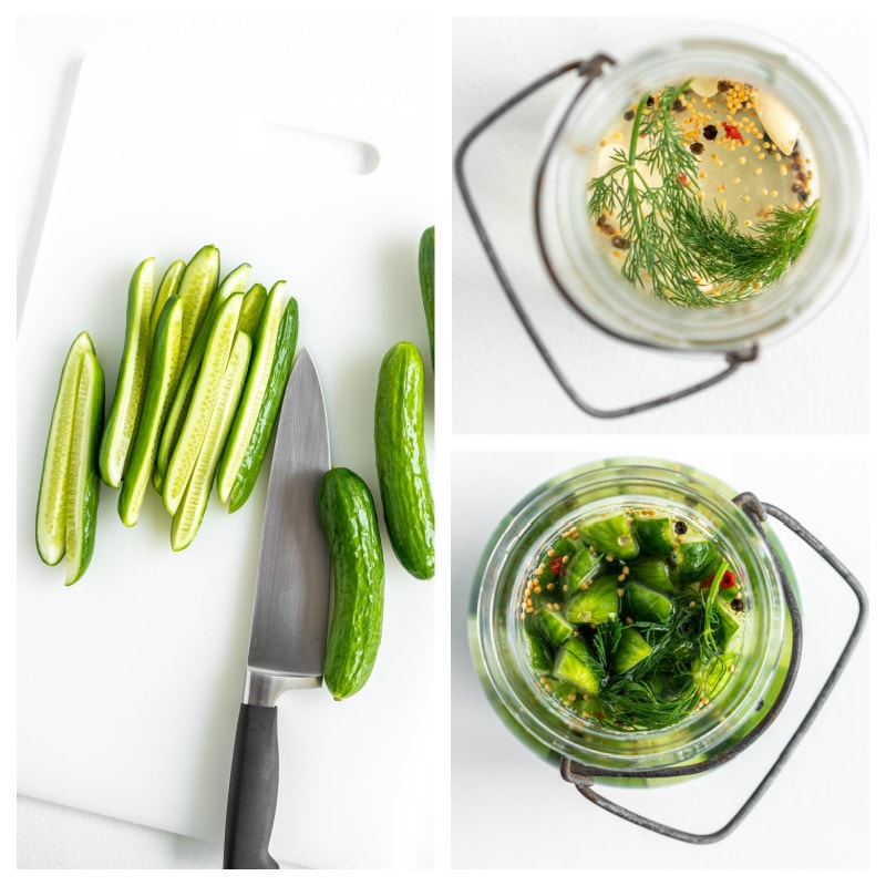 cut cucumbers put in pickling liquid to make pickles