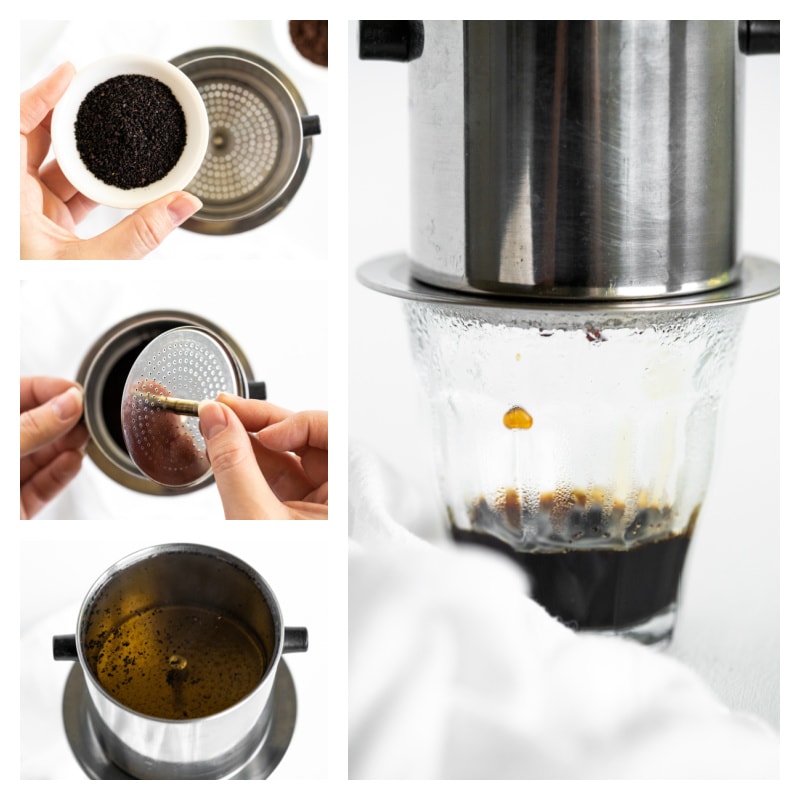 four photos showing how to make coffee in a coffee press