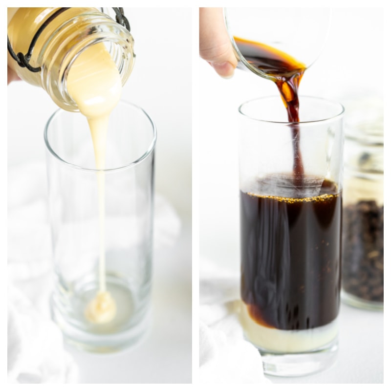 two photos showing how to make vietnamese iced coffee pouring sweetened condensed syrup into glass and then coffee