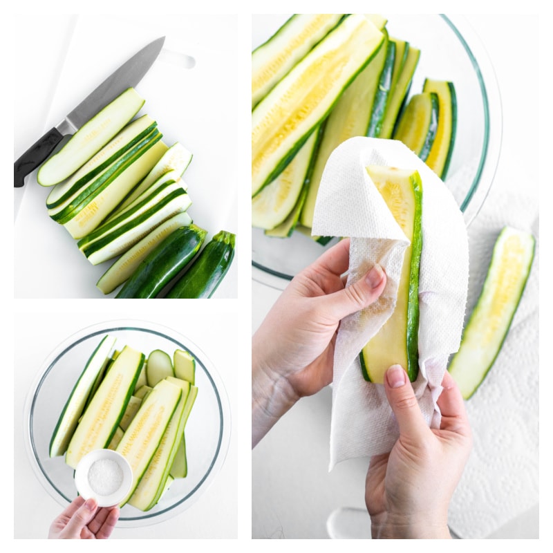 sliced zucchini then adding salt and then wiping off moisture