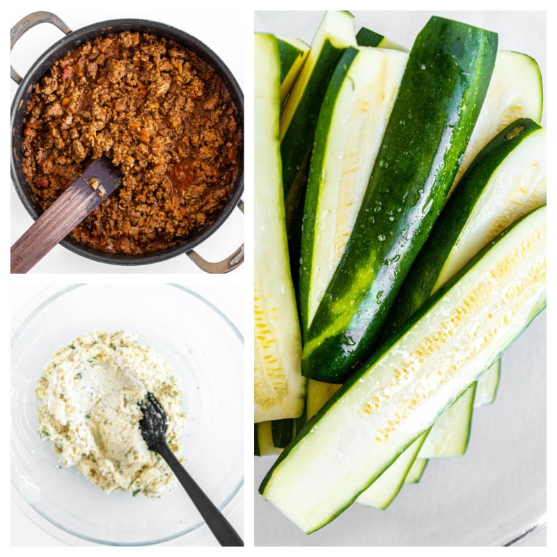 three photos showing meat sauce in a bowl, ricotta cheese mixture in bowl and sliced zucchini