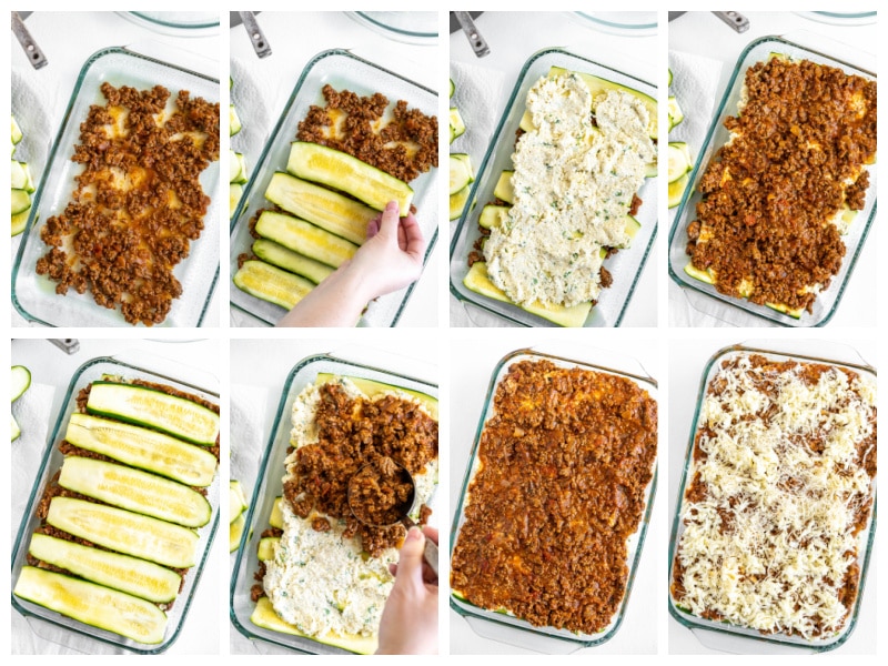 eight photos showing process of making zucchini lasagna