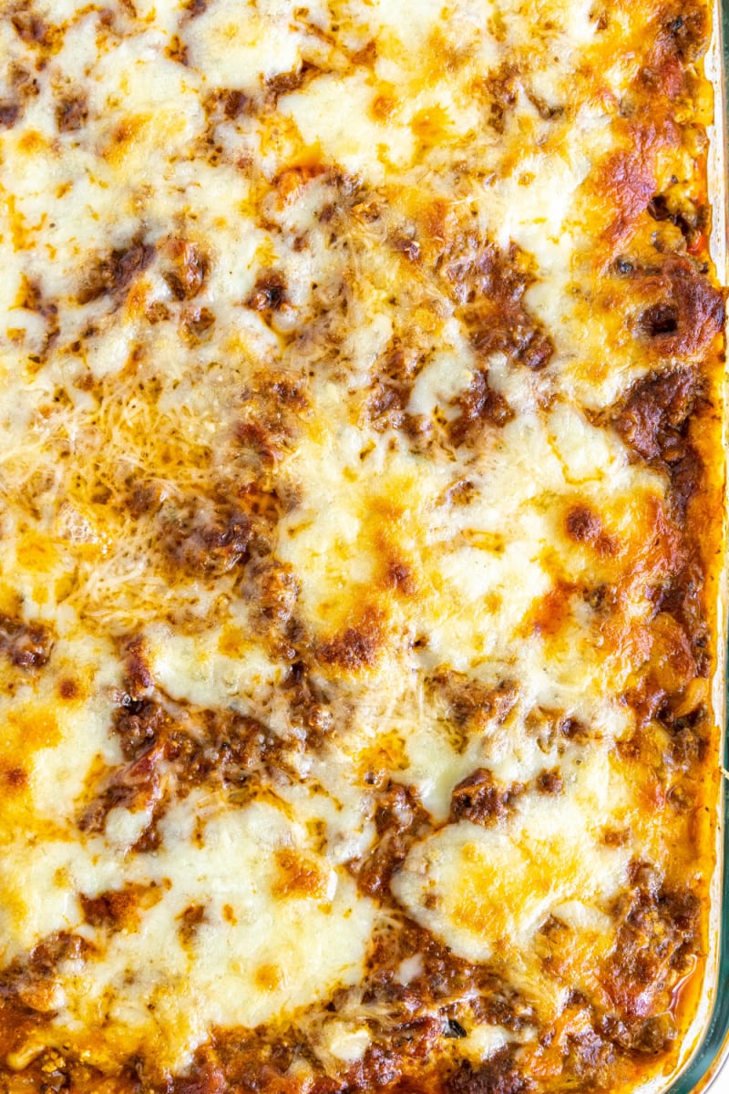 close up of pan of lasagna