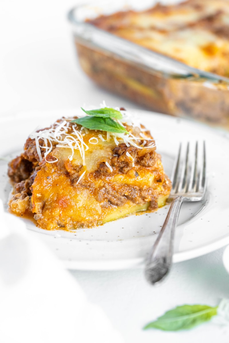 slice of zucchini lasagna on a white plate