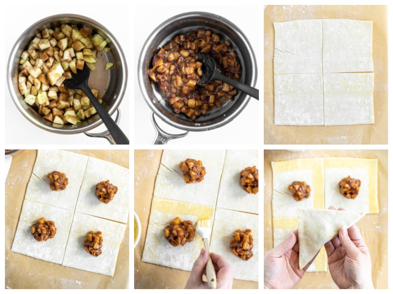 six photos showing process of making cooked apples and then filling pastry for apple turnovers