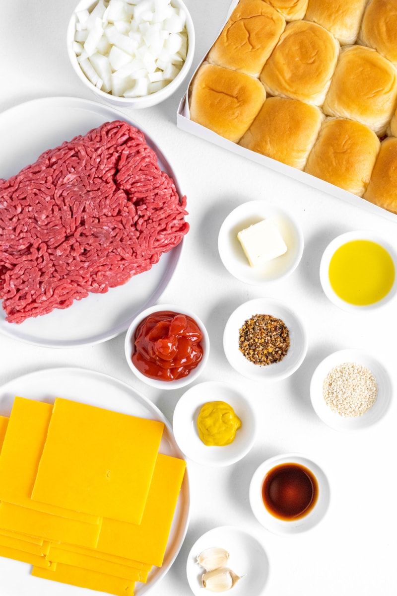 ingredients displayed for making baked cheeseburger sliders