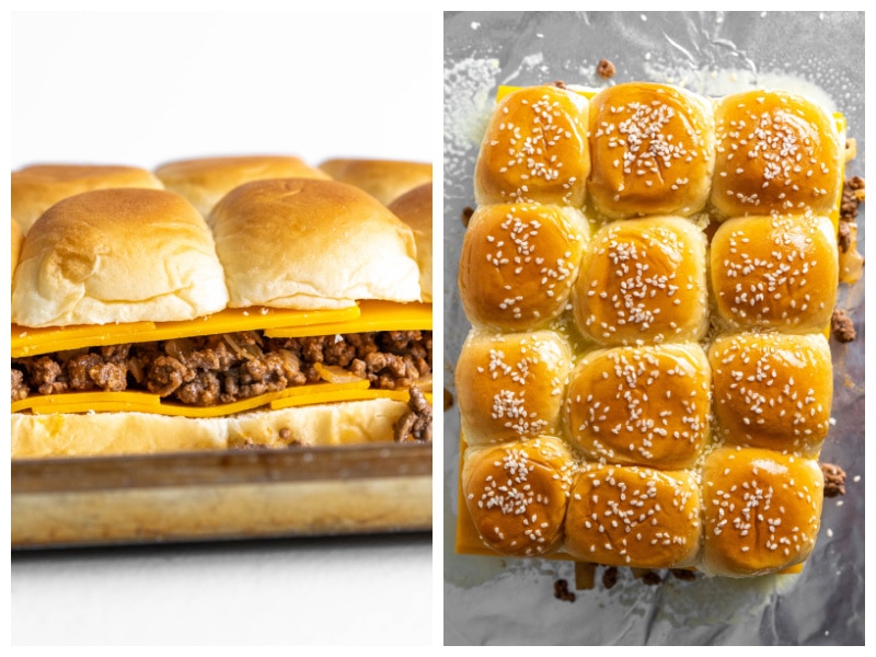 two photos showing cheeseburger sliders layers and then topping