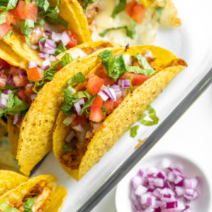 oven baked chicken tacos in casserole dish