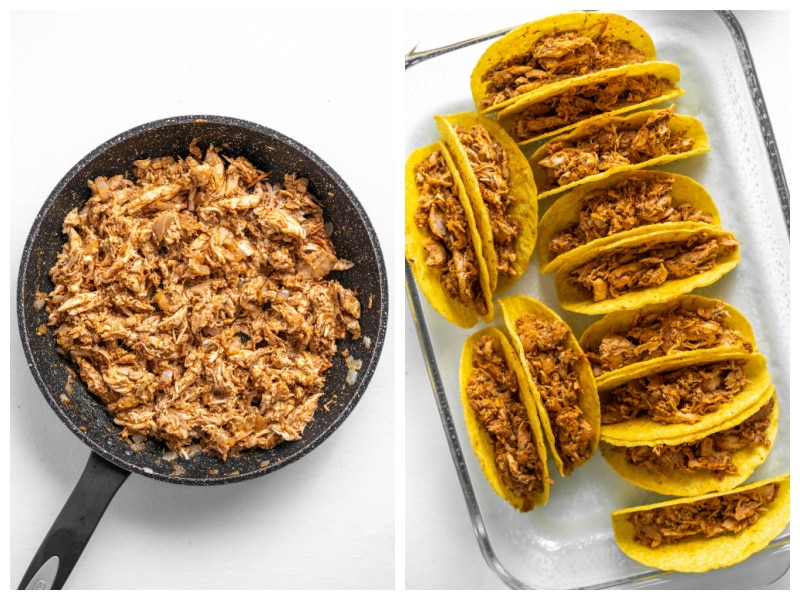 two photos showing chicken taco meat in skillet and then filled taco shells in dish