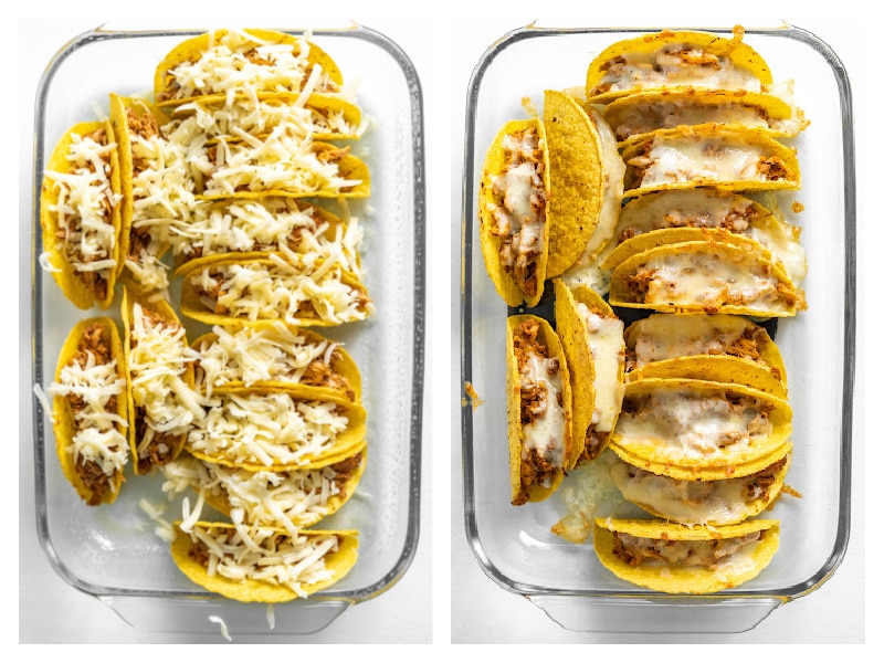 two photos showing tacos with cheese and tacos with melted cheese