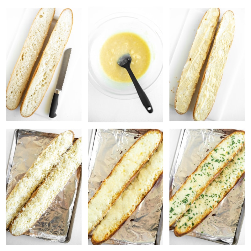 six photos showing process of making cheesy garlic bread