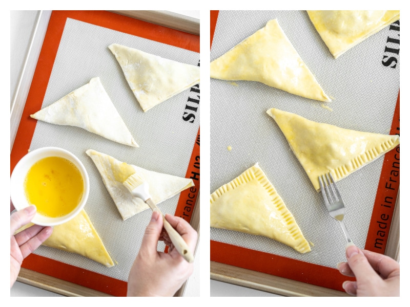 two photos showing adding egg wash to turnovers and then pressing edges with fork