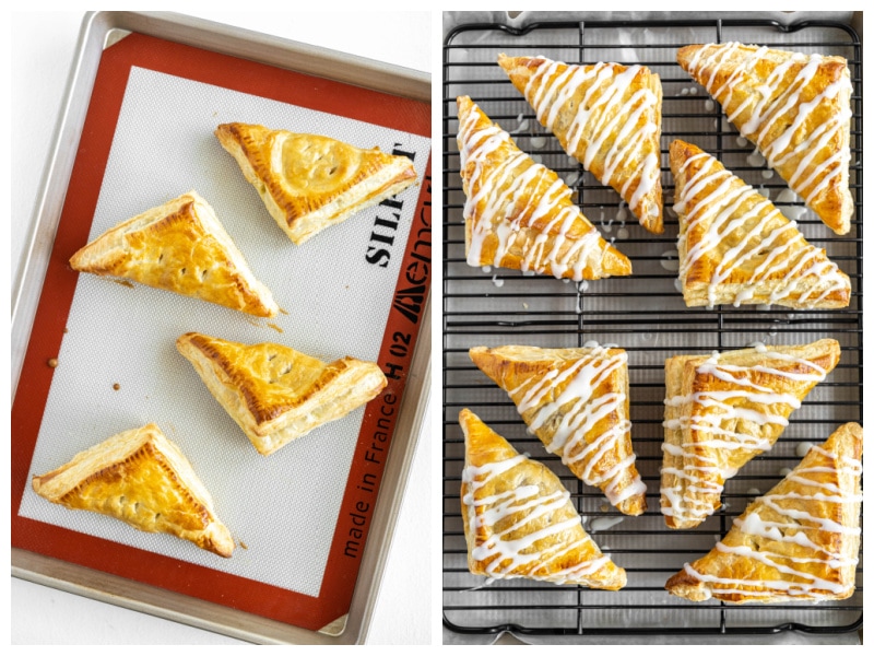 two photos showing baked apple turnovers and then iced apple turnovers