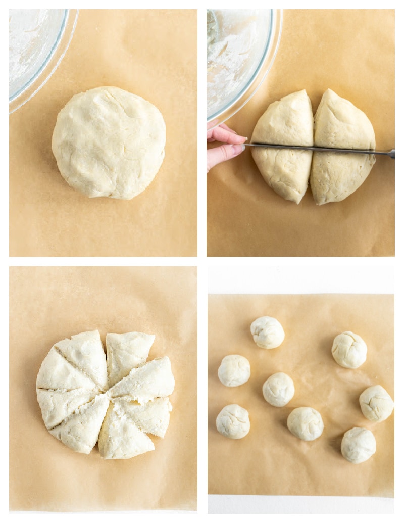 four photos showing cutting and rolling dough into balls to make tortillas