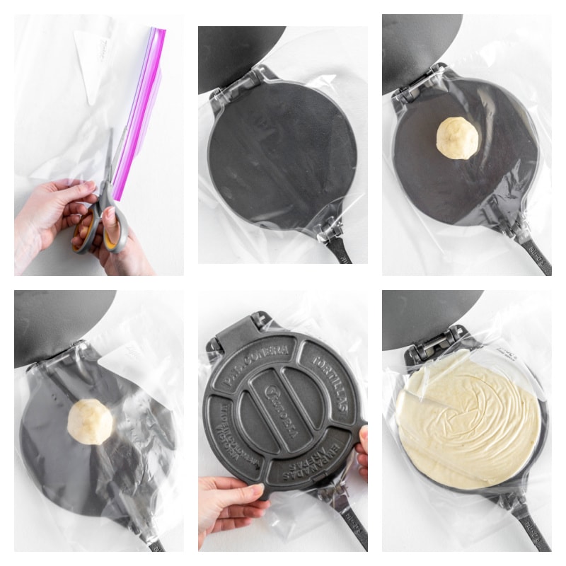 six photos showing process of pressing dough into a flat pancake to make a flour tortilla