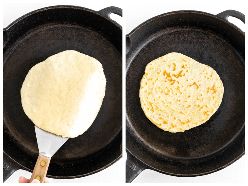 frying a flour tortilla in a black iron skillet