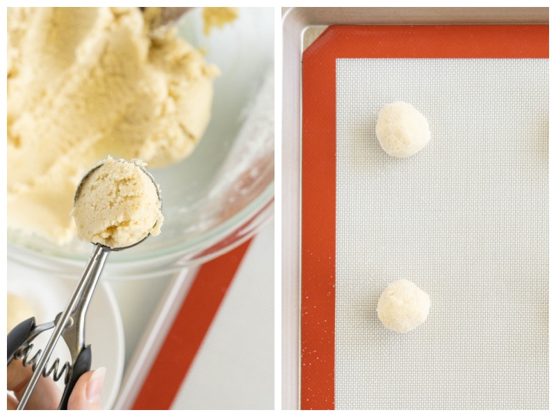 two photos showing cookie scoop with dough and then balls of dough on baking sheet
