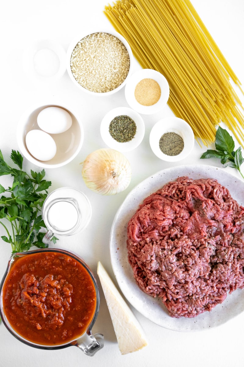 ingredients displayed for making spaghetti and meatballs