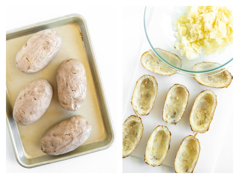 two photos showing potatoes on a baking sheet and then halved and hollowed out potatoes