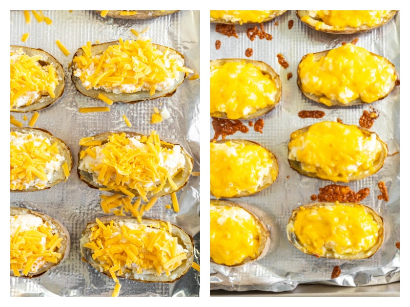 two photos showing potatoes with cheese on baking sheet and then melted on next photo