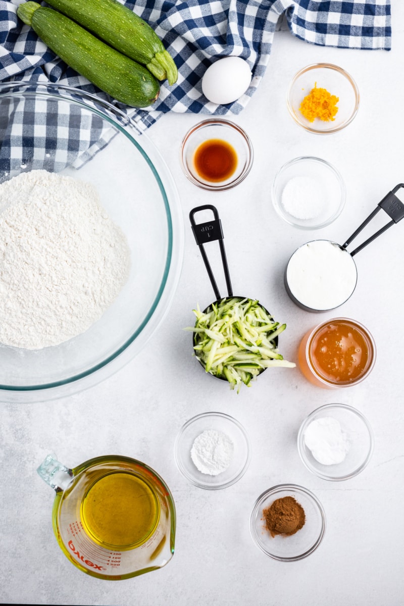 ingredients displayed for making chocolate chunk zucchini bread