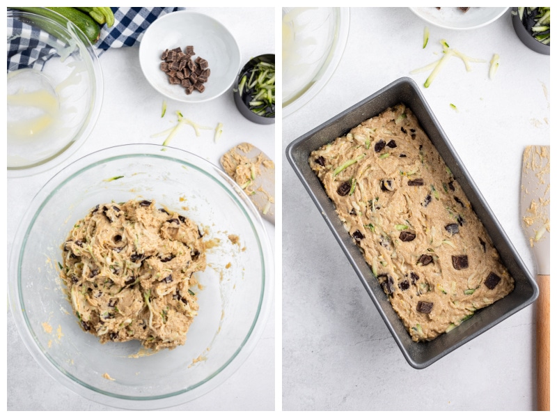 two photos showing batter in bowl and then in pan for zucchini bread