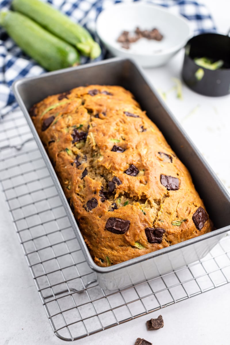 chocolate chunk zucchini bread in loaf pan