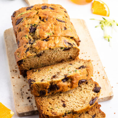 chocolate chunk zucchini bread cut on cutting board