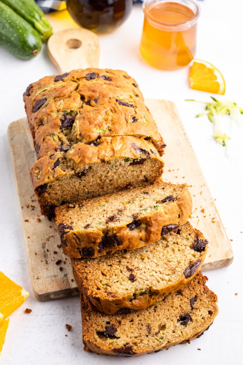 chocolate chunk zucchini bread cut on cutting board