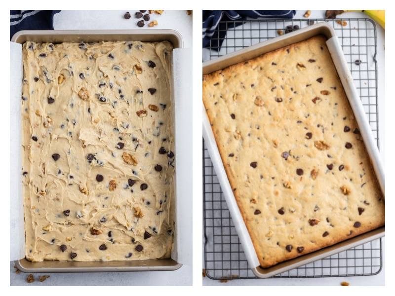 two photos showing batter in pan and then baked chunky monkey bars