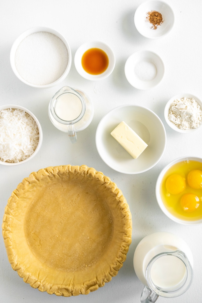 ingredients displayed for making coconut custard pie