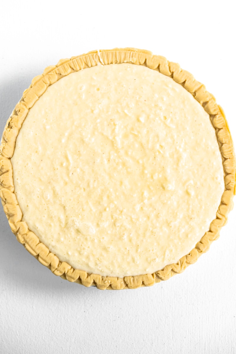 coconut custard pie ready for oven