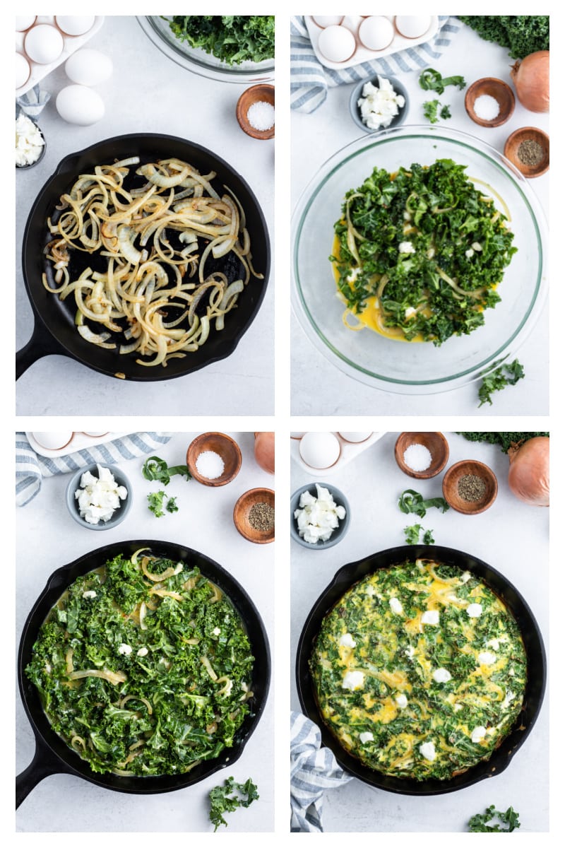 four photos showing cooking a frittata in a skillet