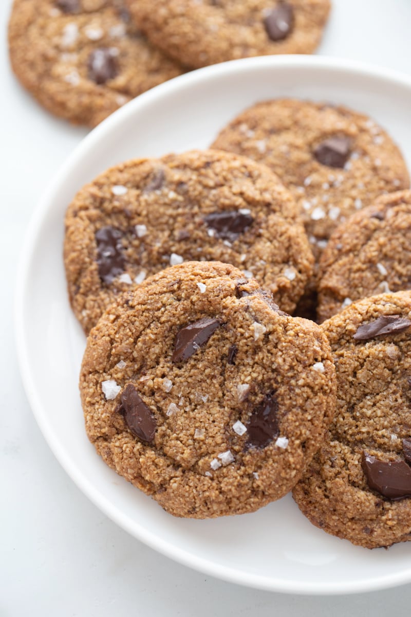 paleo chocolate chip cookies on a white plate