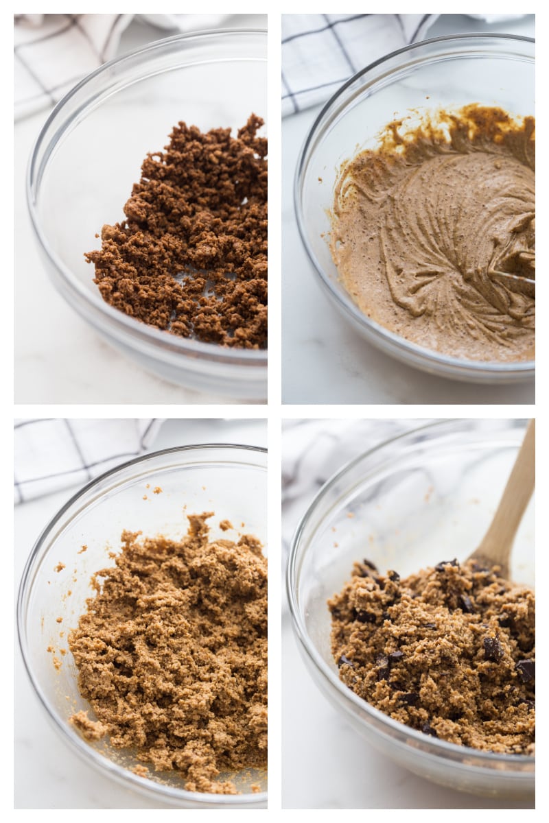 four photos showing assembly of paleo chocolate chip cookie dough in a bowl