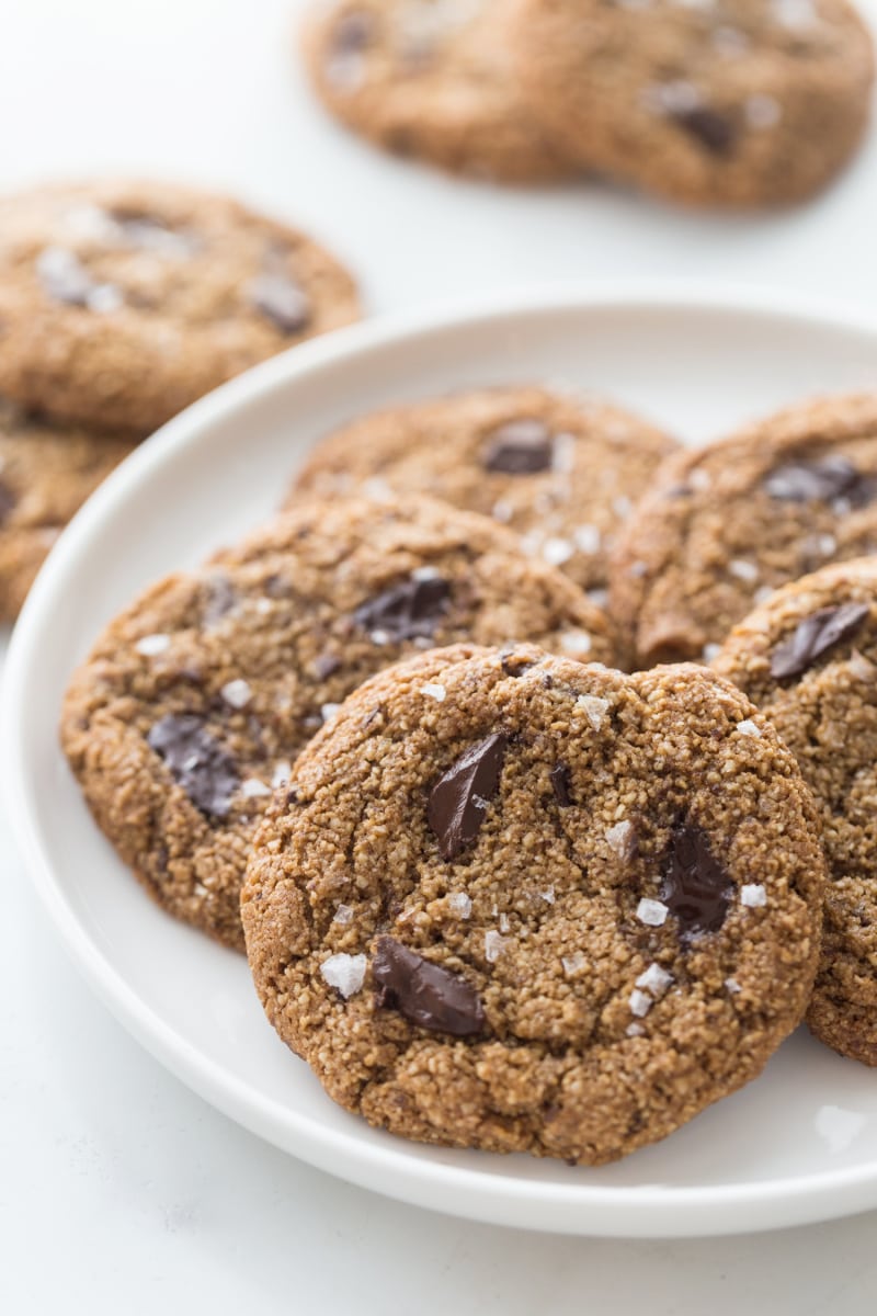 paleo chocolate chip cookies on a white plate