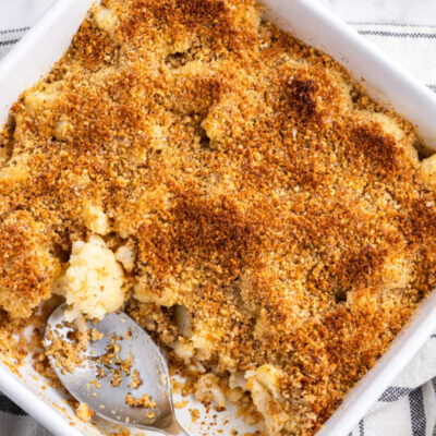 smoky cauliflower gratin in a casserole dish