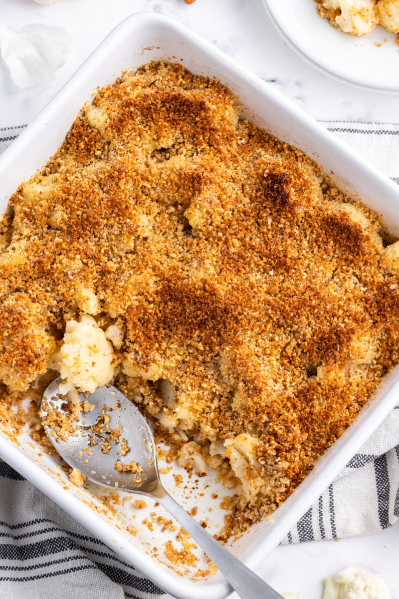 smoky cauliflower gratin in a casserole dish