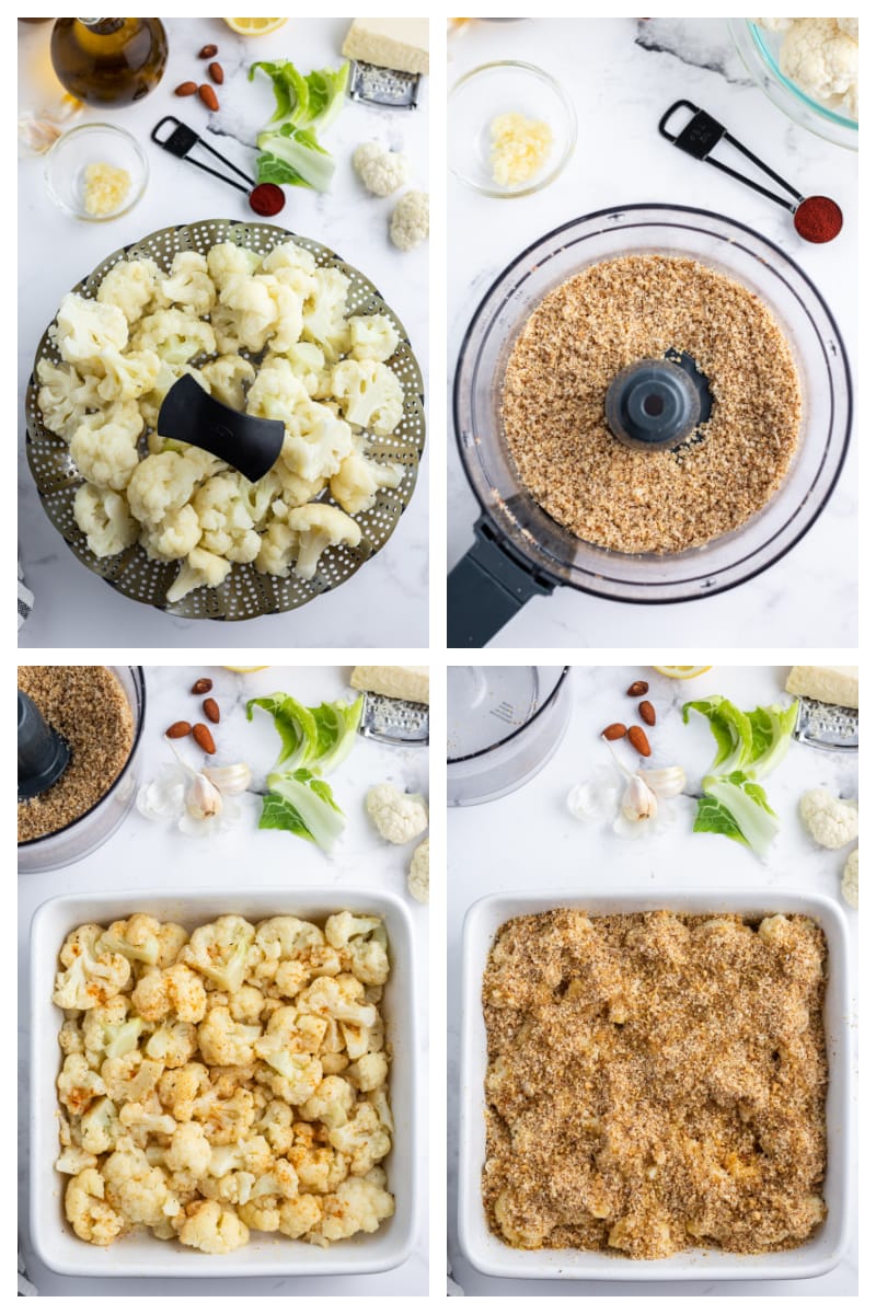 four photos showing process of assembling smoky cauliflower gratin in dish