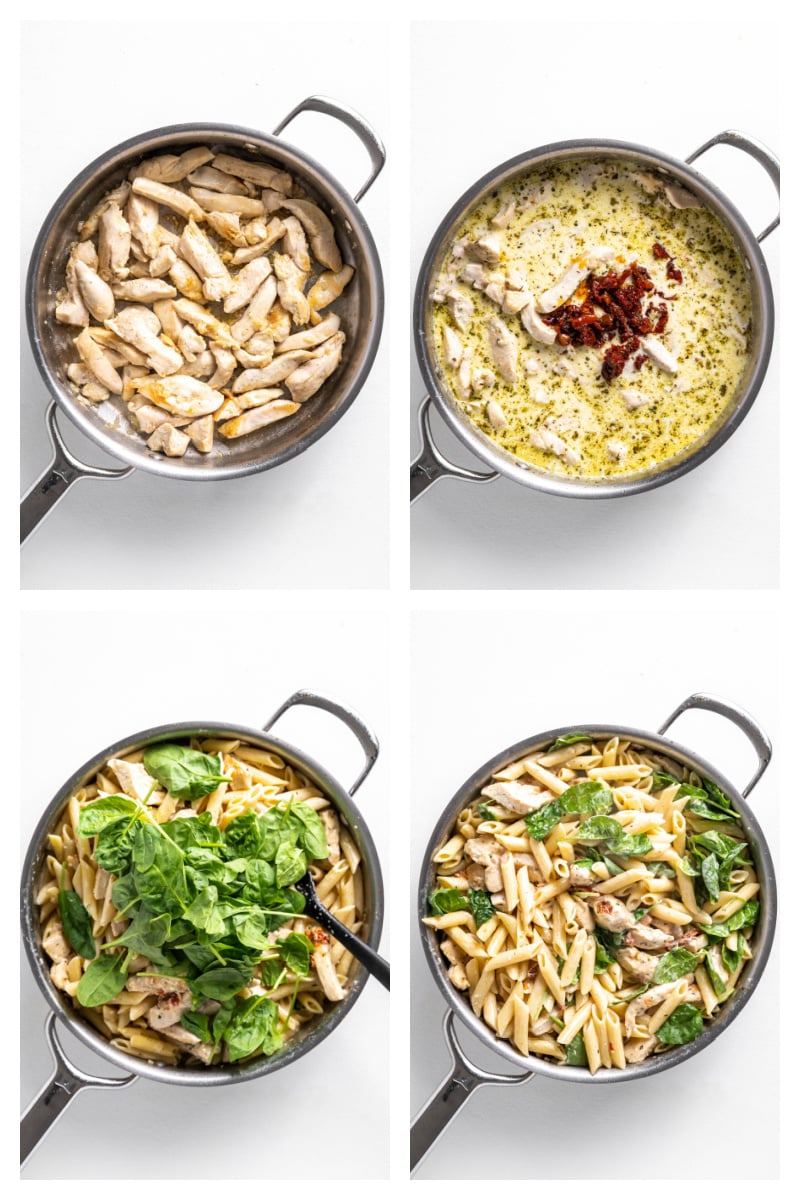 four photos showing process of making tuscan chicken pasta in a skillet
