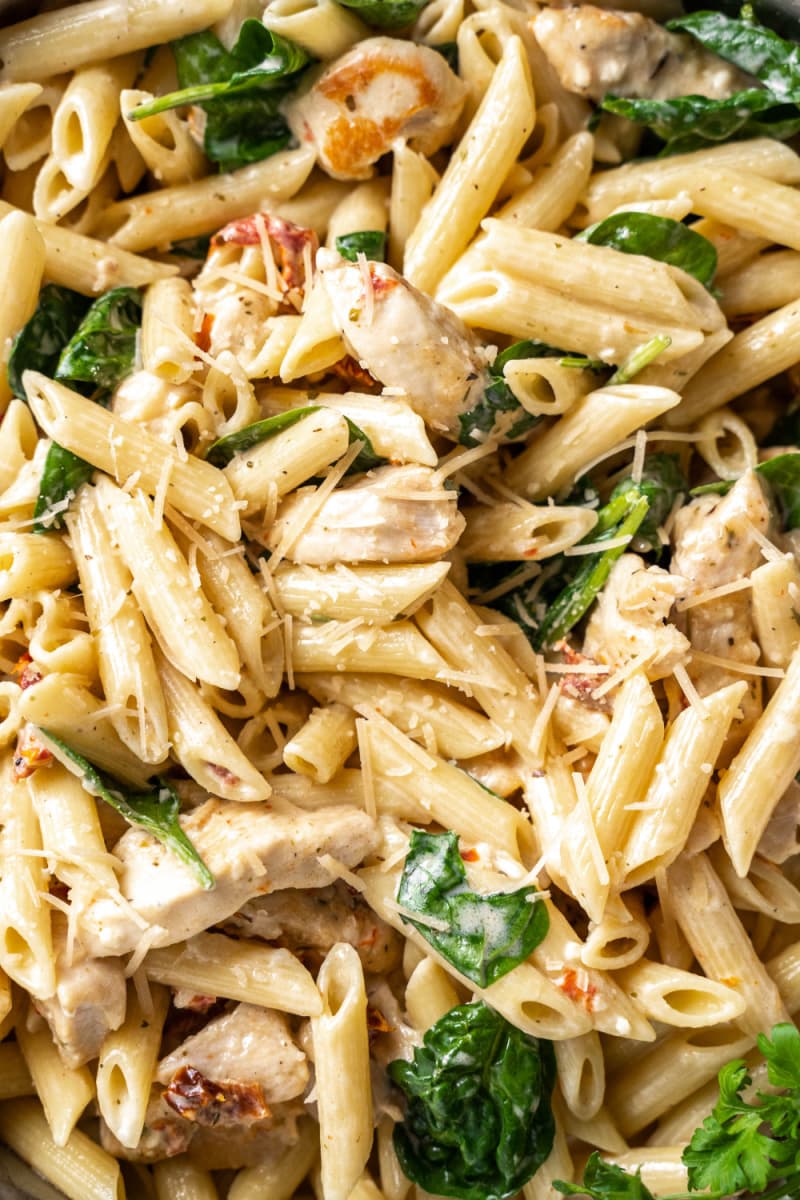 close up of tuscan chicken pasta