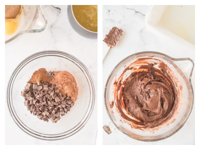 two bowls showing process of making brownie batter