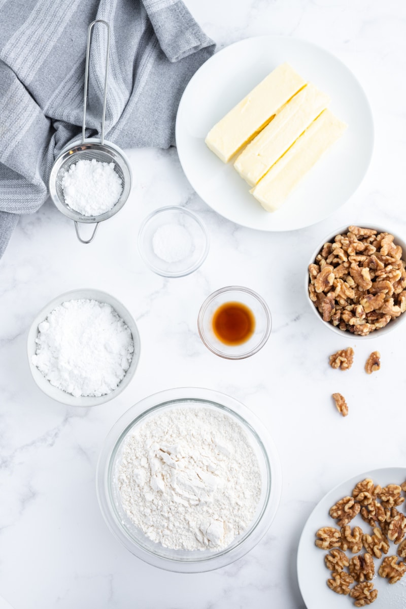 ingredients displayed for making walnut meltaway cookies