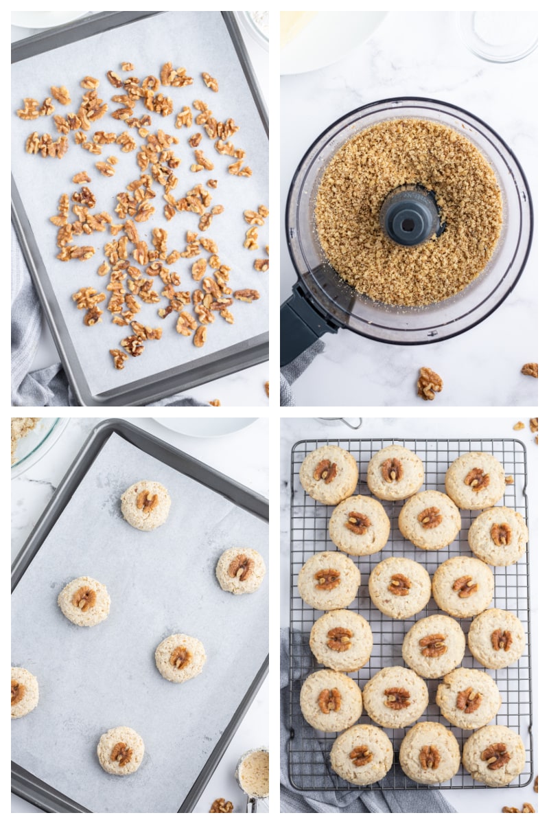 four photos showing process of making walnut meltaway cookies